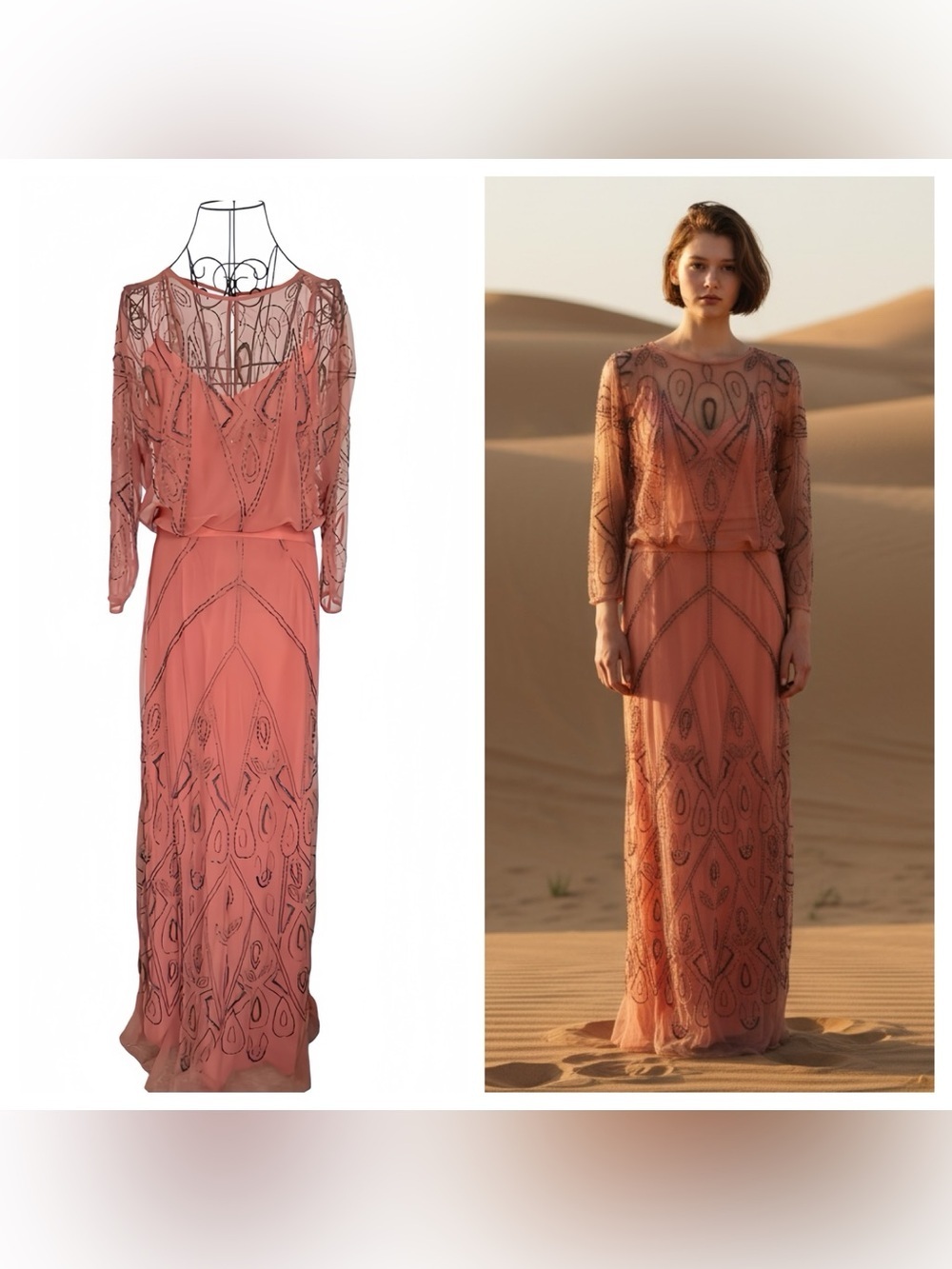 Intropia Embellished Maxi Dress EU 42 Coral Beaded Crystal Sheer Overlay Luxury